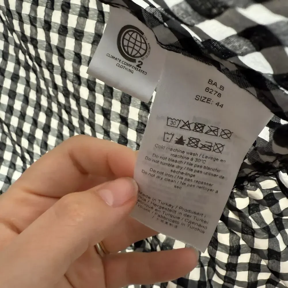 Ganni Gingham Check Seersucker Square Neck Puff Sleeve Dress Black White 12/44